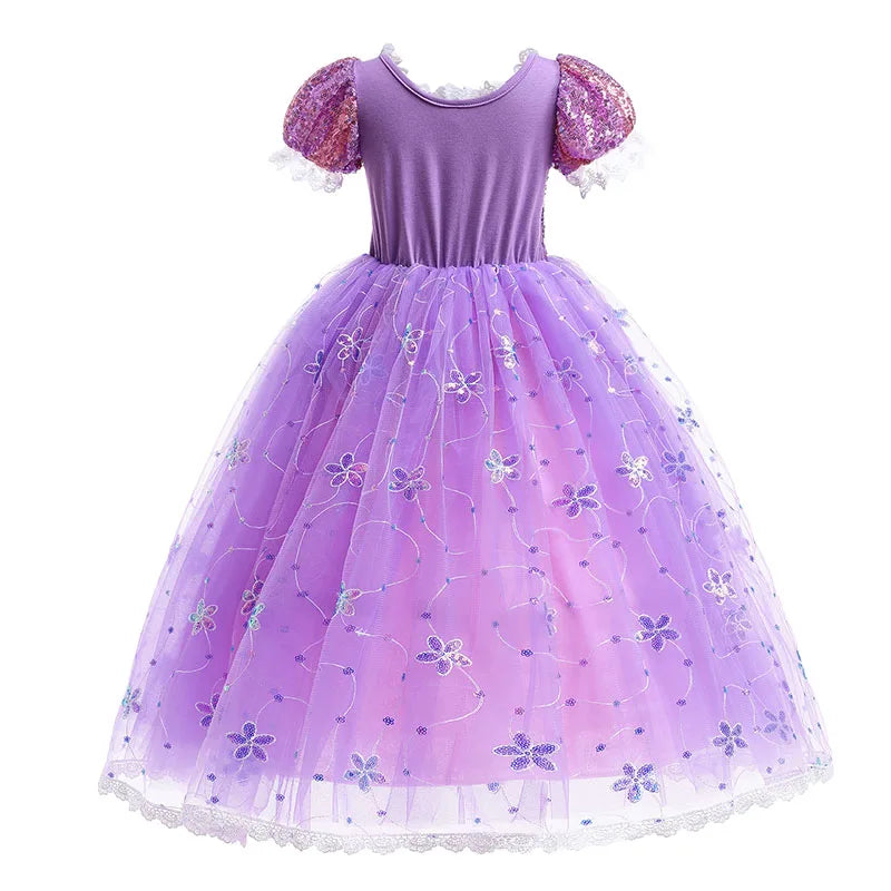 Purple princess dress with sparkly puff sleeves, floral lace overlay, and delicate white lace hem. Ideal for special occasions or dress-up.