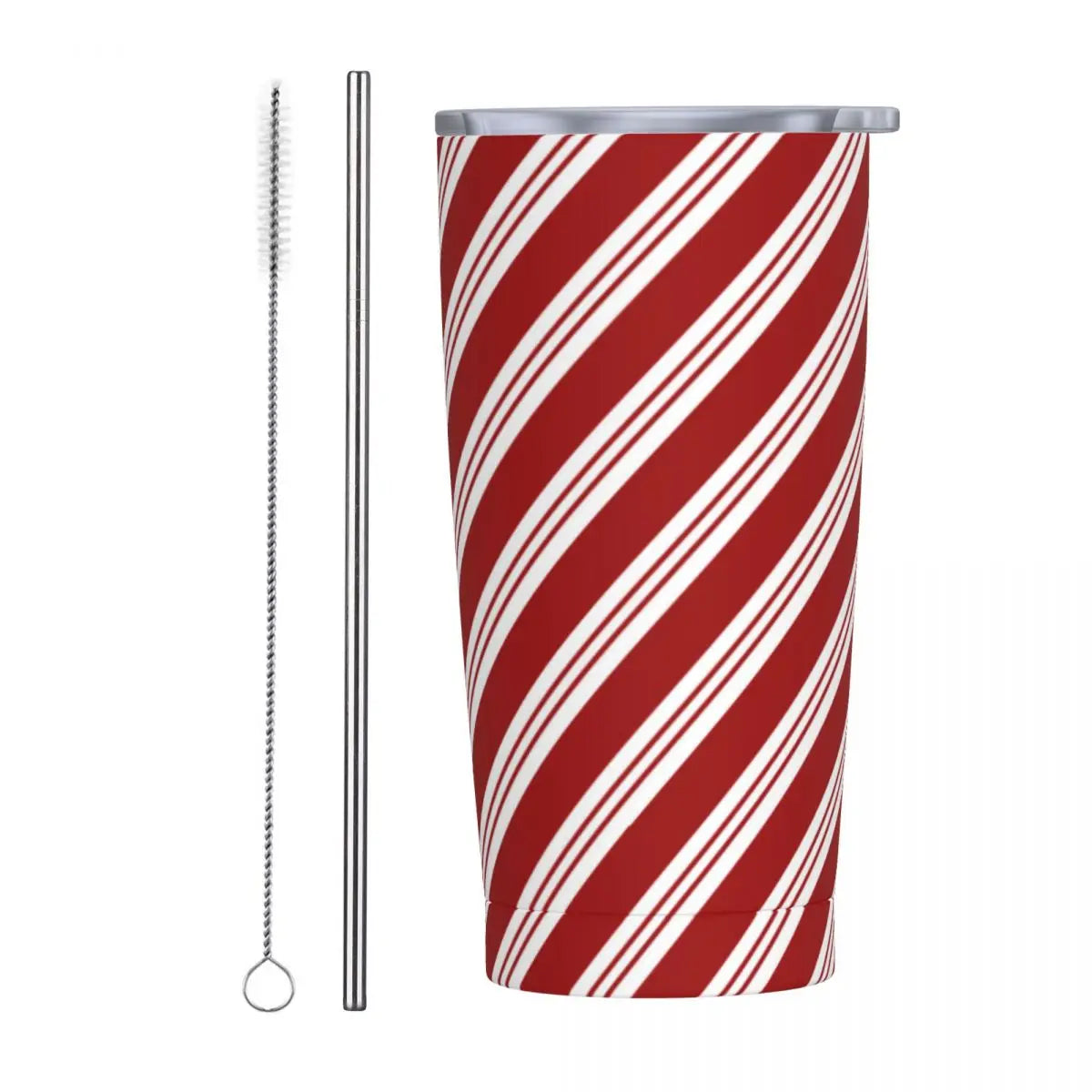 Red and white striped tumbler with a lid, resembling a candy cane. Accompanied by a metal straw and cleaning brush on the side.