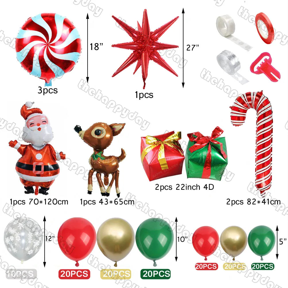 Christmas decorations set including a peppermint swirl balloon, red star, Santa, reindeer, gifts, candy cane, and assorted colored balloons with dimensions and quantities.
