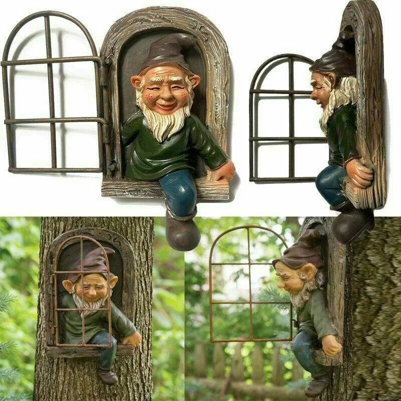 Whimsical garden gnome figurine popping out of a window mounted on a tree trunk, featuring a smiling face, green shirt, blue pants, and a brown hat.