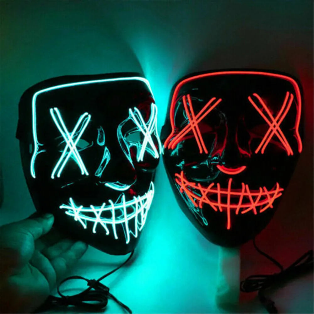 Two black masks with glowing neon designs: one in blue and the other in red. Each mask features X-shaped eyes and a stitched smile pattern.