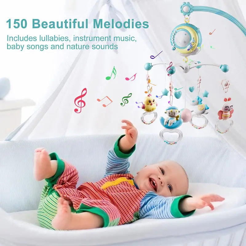 Smiling baby in colorful outfit lies in a crib beneath a musical mobile with playful figures. Text reads: "150 Beautiful Melodies" and lists lullabies, baby songs, and nature sounds.