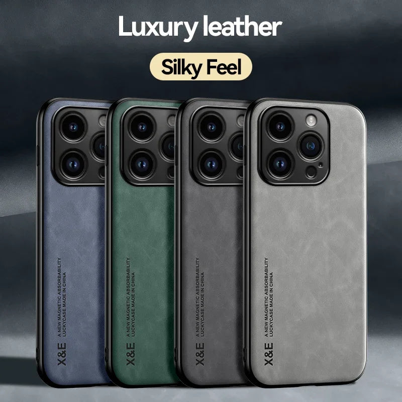 Four luxury leather phone cases in blue, green, and gray with camera cutouts, featuring the text "Luxury leather, Silky Feel" and "X&E" branding at the bottom.
