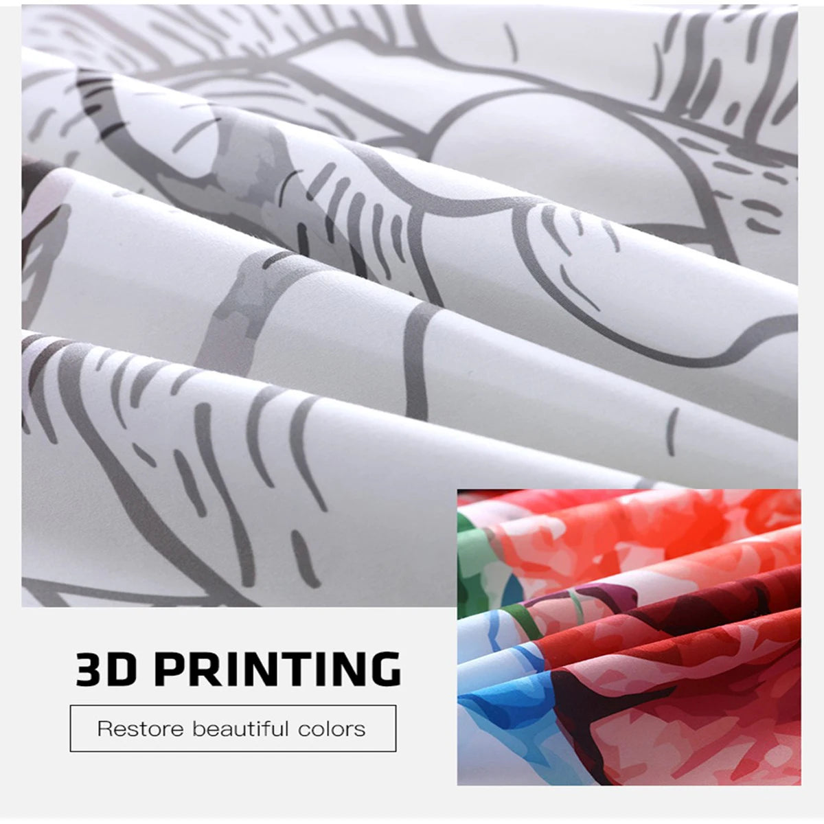 Close-up of a white fabric with gray outlines featuring 3D printing technology. Inset shows vivid colors restored. Text reads "3D PRINTING: Restore beautiful colors."