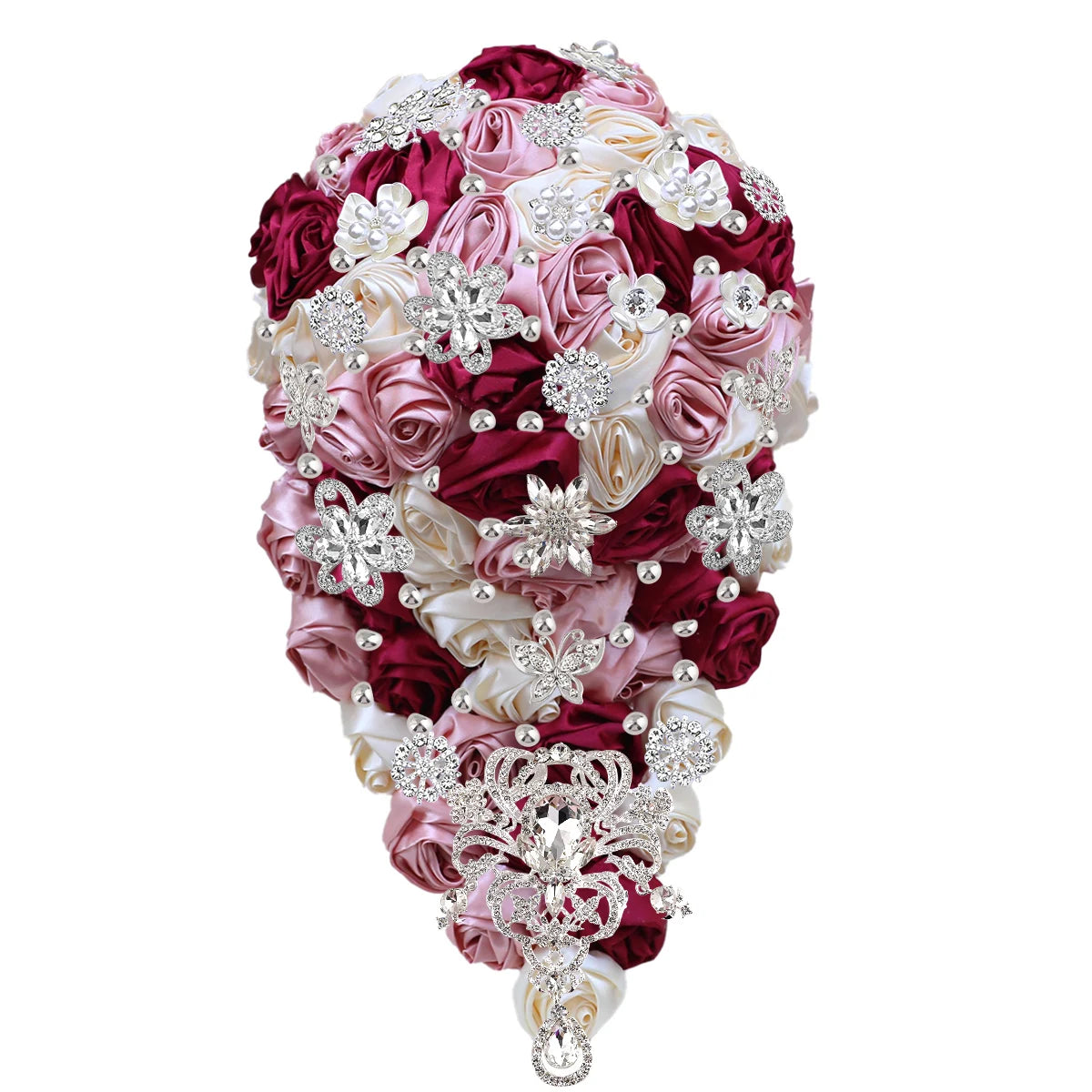 A teardrop wedding bouquet with burgundy, pink, and cream satin roses, adorned with silver rhinestone brooches and floral jewels, creating an elegant cascading effect.