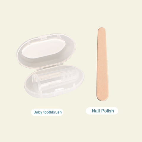 A clear plastic baby toothbrush case is open, revealing a brush inside. Beside it, there's a beige nail file labeled "Nail Polish" on a light background.