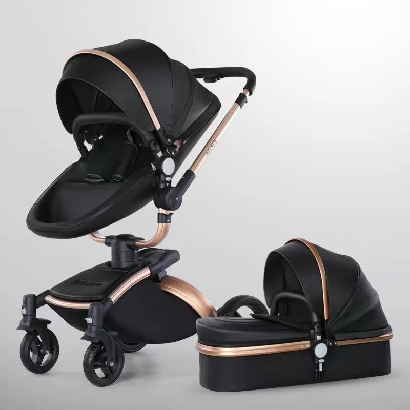 Elegant, modern baby stroller featuring a sleek black design with rose gold accents, adjustable seat, and detachable bassinet on a smooth, three-wheeled frame.