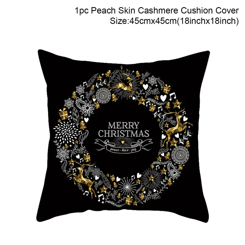 Black cushion cover with gold and white Christmas-themed design. Features wreath of gifts, deer, and ornaments, with "Merry Christmas, peace, love, joy" in the center. Size: 45x45cm.