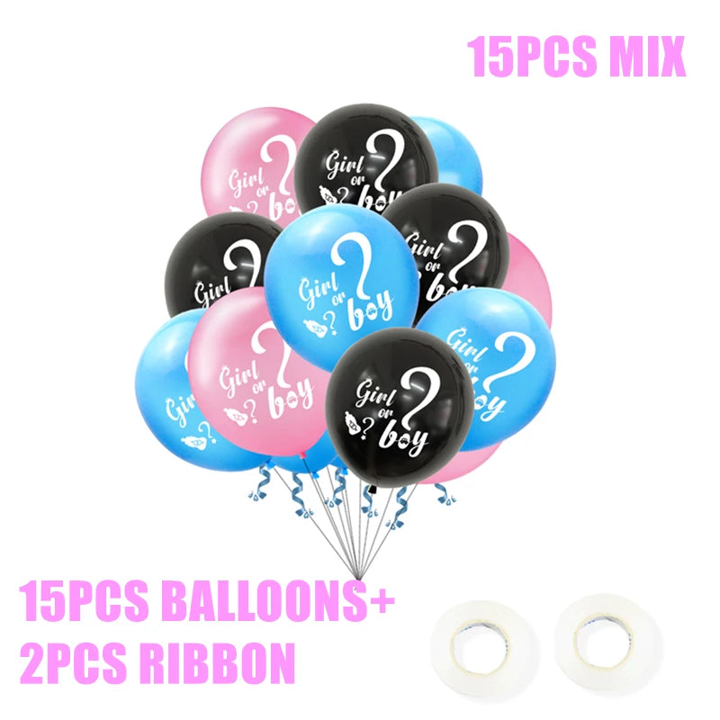 Gender reveal balloon set with 15 black, blue, and pink balloons reading "Girl or Boy?" Includes two rolls of ribbon.