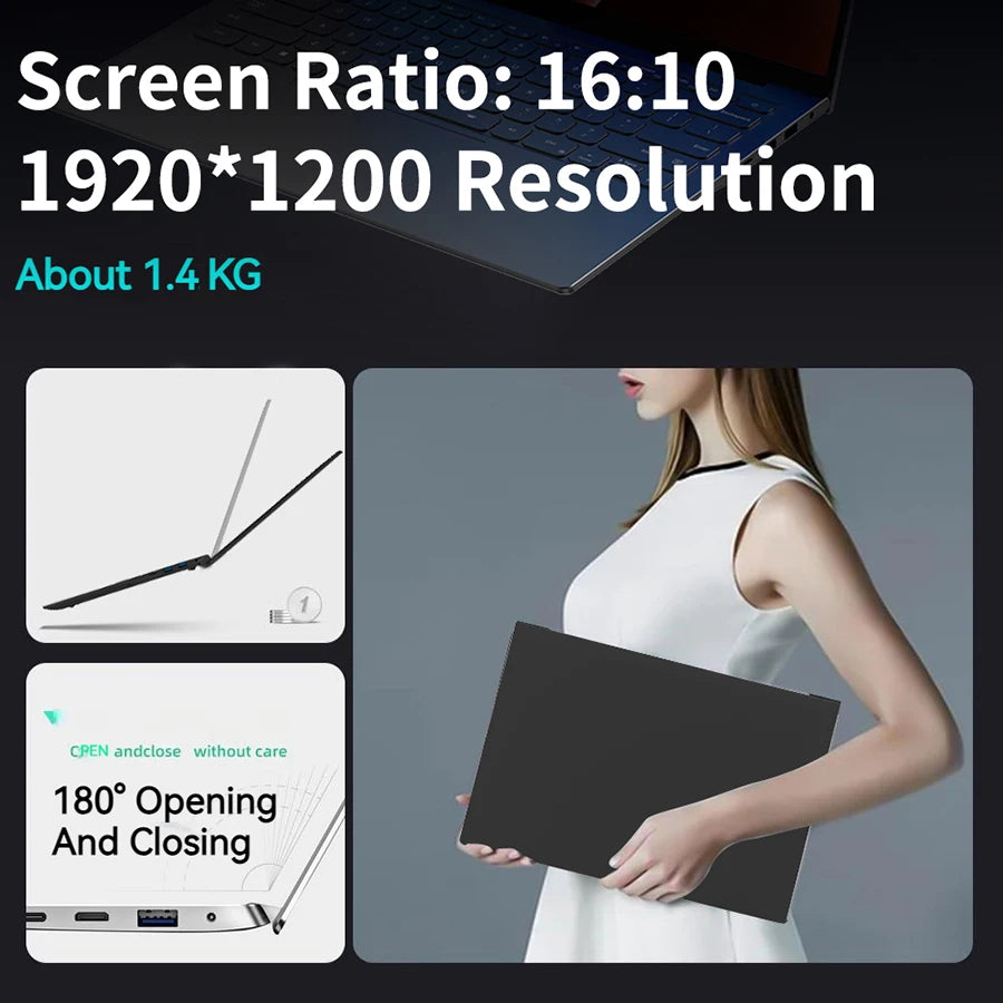 Laptop with 16:10 screen ratio and 1920x1200 resolution, weighing about 1.4 kg. Shows 180° hinge design and a person holding the laptop for scale.
