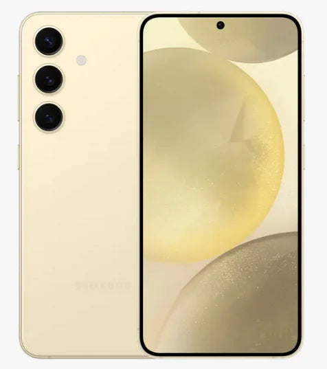 Beige smartphone with triple rear cameras and an edge-to-edge display showing abstract golden shapes. The design is sleek, with a centered front camera cutout.