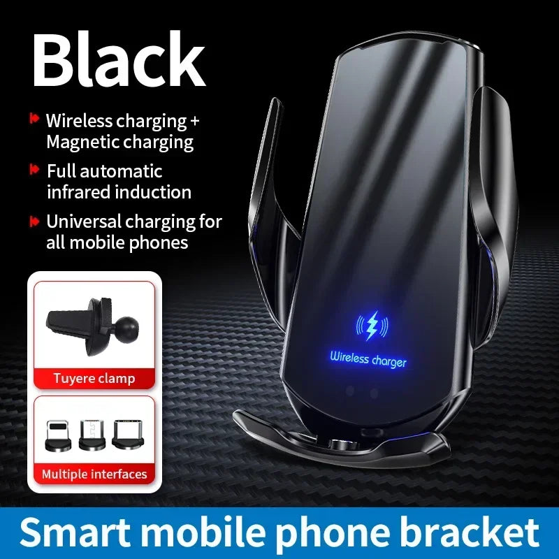 Black smart mobile phone bracket with wireless and magnetic charging, infrared induction, and universal compatibility. Includes tuyer clamp and multiple interfaces.