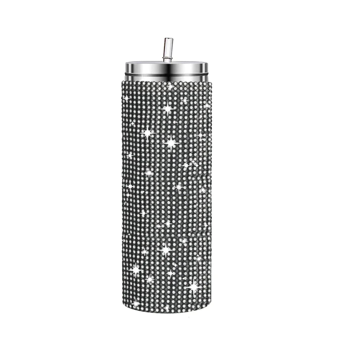 A silver stainless steel tumbler adorned with sparkling rhinestones covering the entire body, featuring a metal lid and a straw.