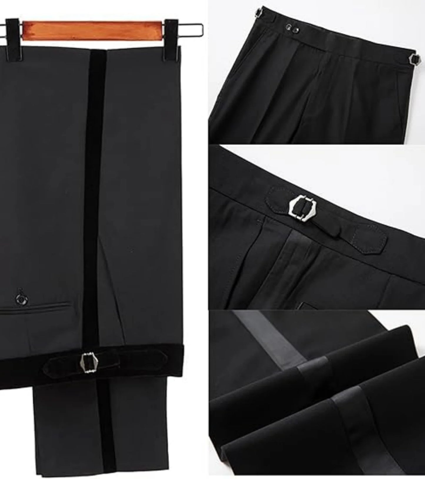 Black formal pants with a velvet stripe and buckle detail. Displayed on a hanger with close-ups of front pleats, adjustable side strap, and shiny cuff trim.