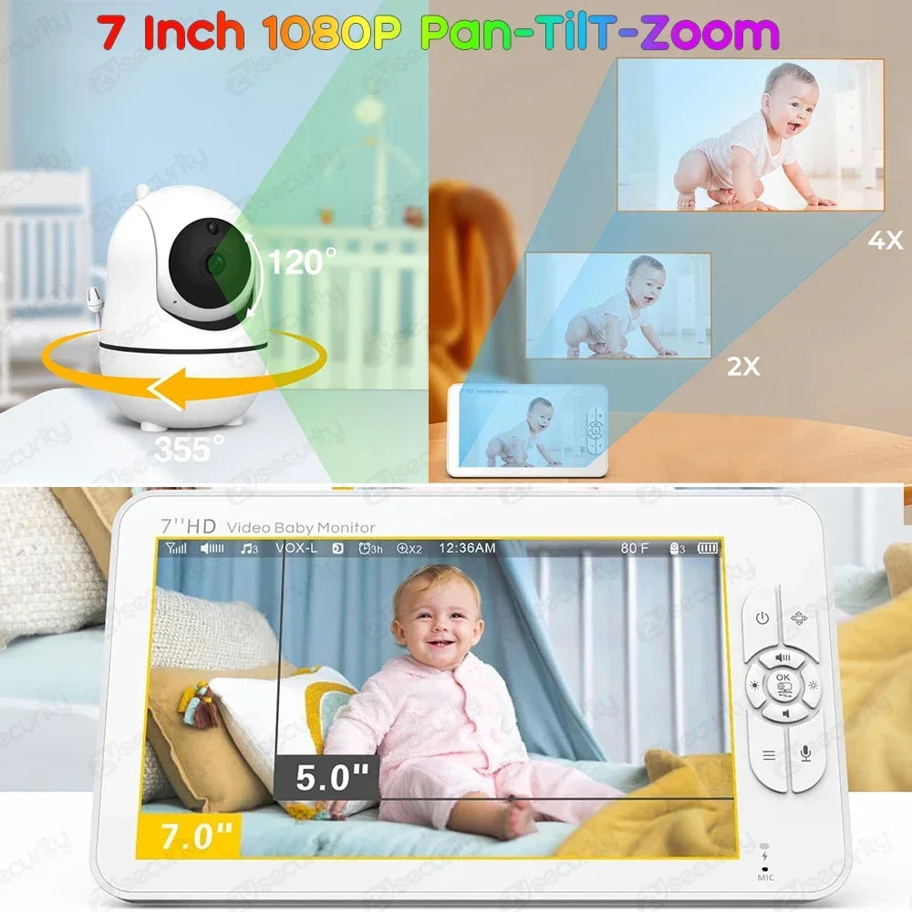 Baby monitor ad showcasing a 7-inch 1080P pan-tilt-zoom camera. The display highlights zoom levels and wide-angle views of a baby, with camera rotation details shown.