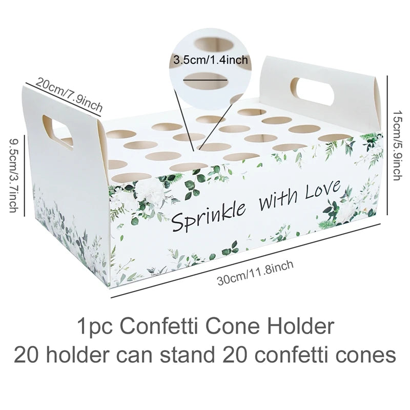 White confetti cone holder with floral design and "Sprinkle with Love" text. Holds 20 cones, dimensions 30x20x15 cm. Hole diameter is 3.5 cm.