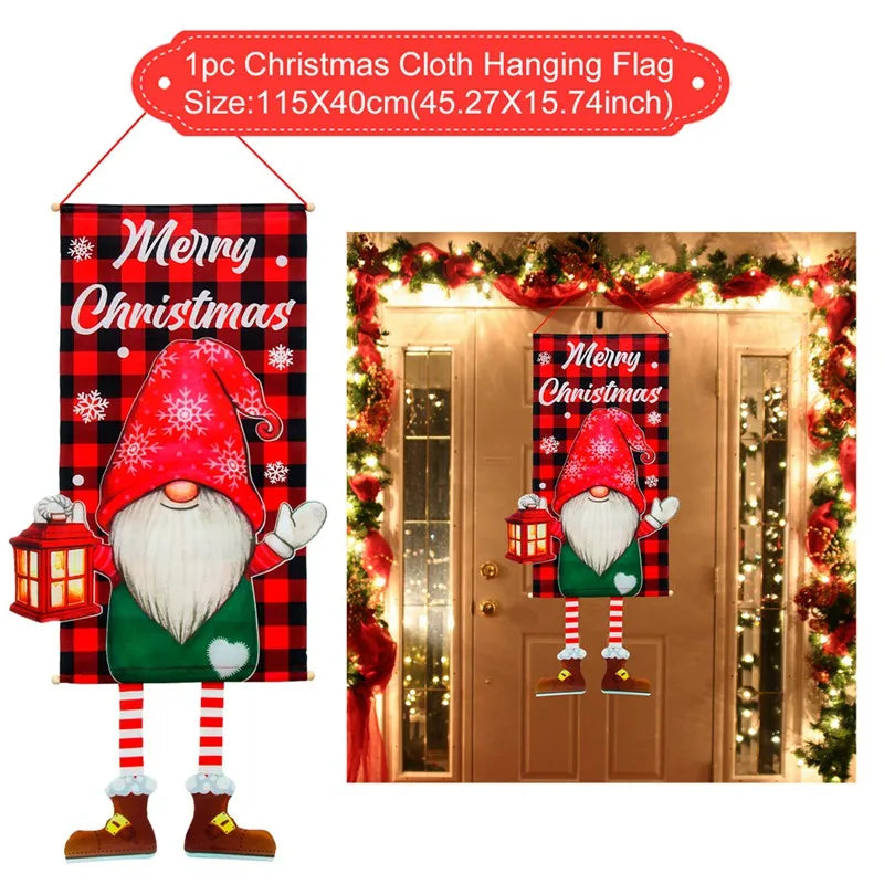 Christmas-themed cloth flag featuring a gnome with a red hat and lantern on a buffalo plaid background, saying "Merry Christmas," displayed on a decorated front door. Size: 115x40cm.