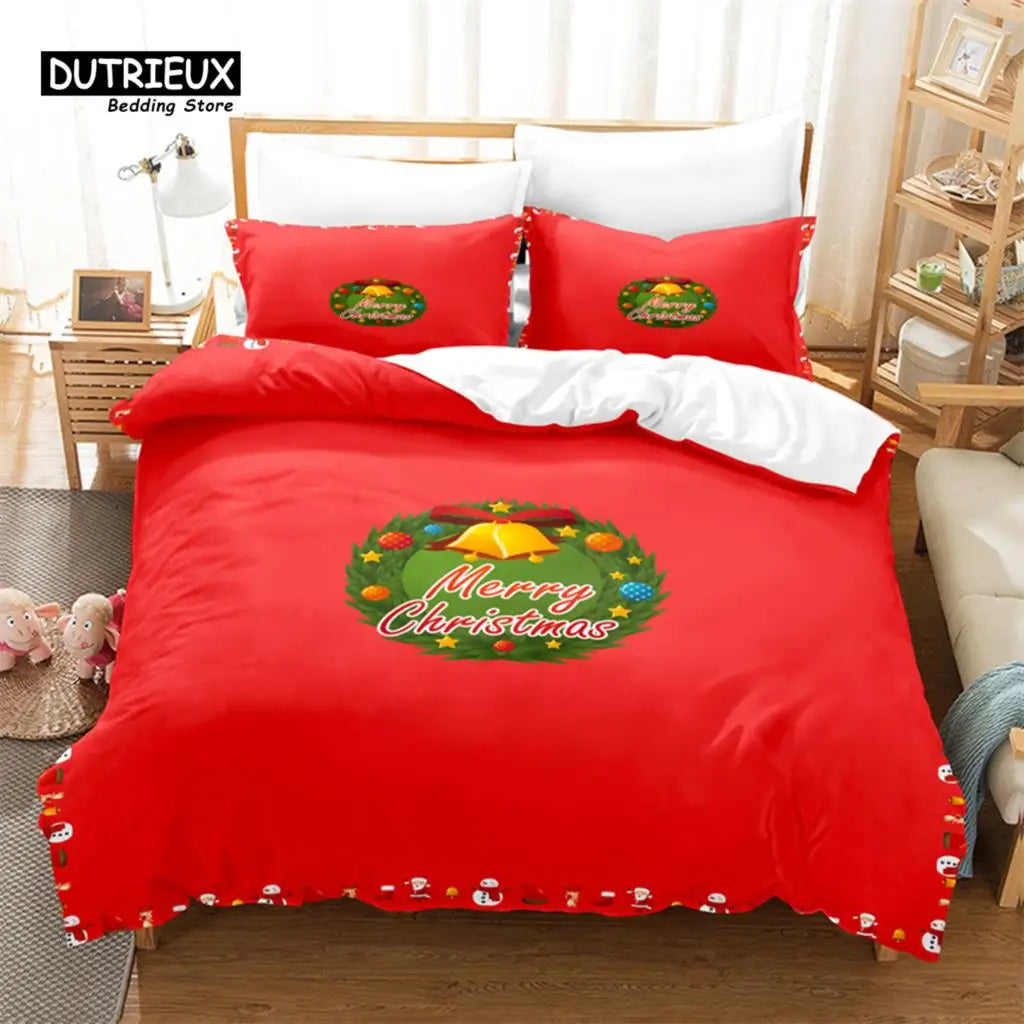 Red Christmas-themed bedding set with "Merry Christmas" and a festive wreath design. Includes a duvet cover and two pillows on a neatly made bed. Side shelves hold decor items.