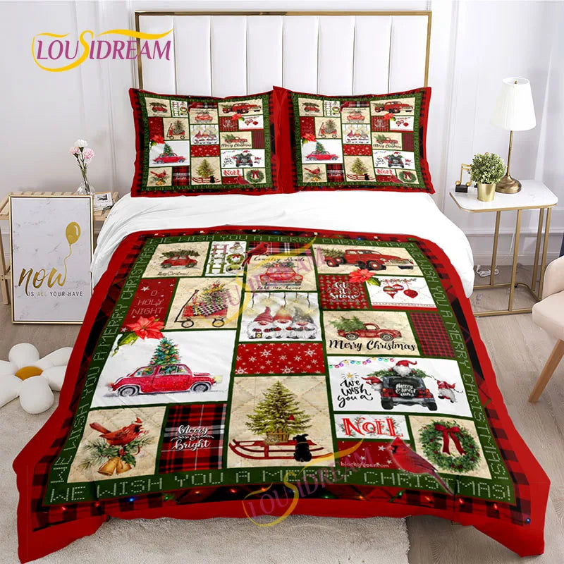 Christmas-themed bedding set with a patchwork quilt and matching pillowcases. The design features festive images like trees, cards, and trucks on a red, green, and white background.