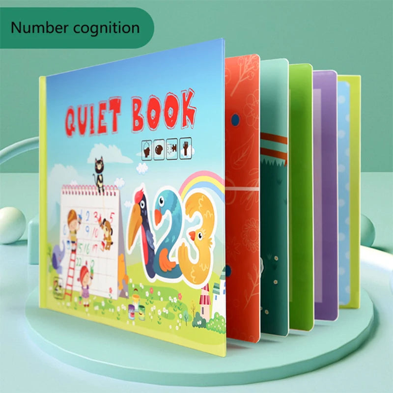 Brightly colored children's quiet book featuring cartoon animals, numbers "123," and educational activities on pages, promoting number cognition in a playful way.