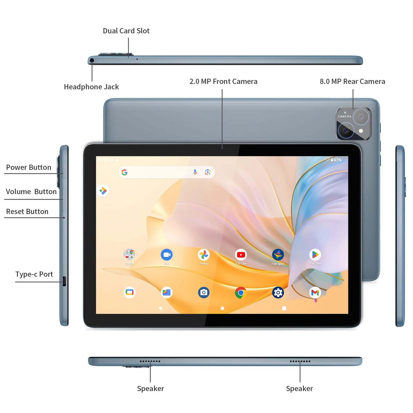 Tablet with 8.0 MP rear and 2.0 MP front cameras, dual card slot, headphone jack, power, volume, reset buttons, Type-C port, and speakers. Featuring a colorful display.