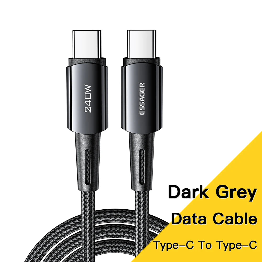 Dark grey Type-C to Type-C data cable, labeled 240W and ESSAGER. Features a braided design. Text reads "Dark Grey Data Cable, Type-C To Type-C" on a yellow and white background.