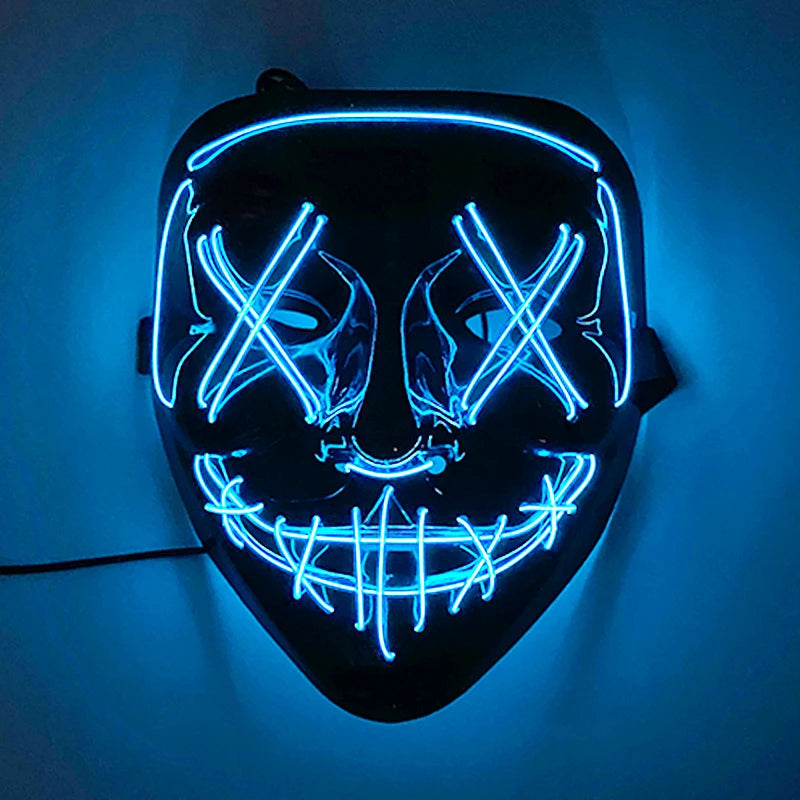 Glowing mask with blue neon lines forming crossed-out eyes and a stitched smile, illuminated in a dark setting.