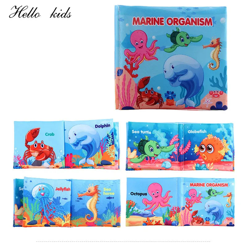 Children's book titled "Marine Organism" featuring colorful illustrations of sea creatures like an octopus, crab, dolphin, sea turtle, globefish, jellyfish, and seahorse.