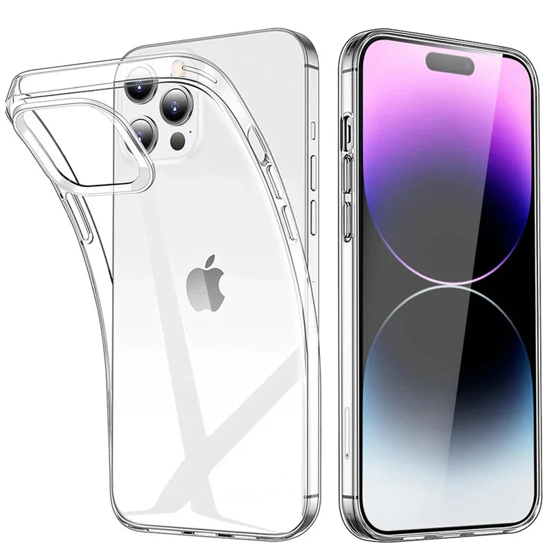 Clear phone case showing a smartphone with a triple camera setup and a vibrant purple-blue gradient screen. The case is flexible and transparent, highlighting the device's design.