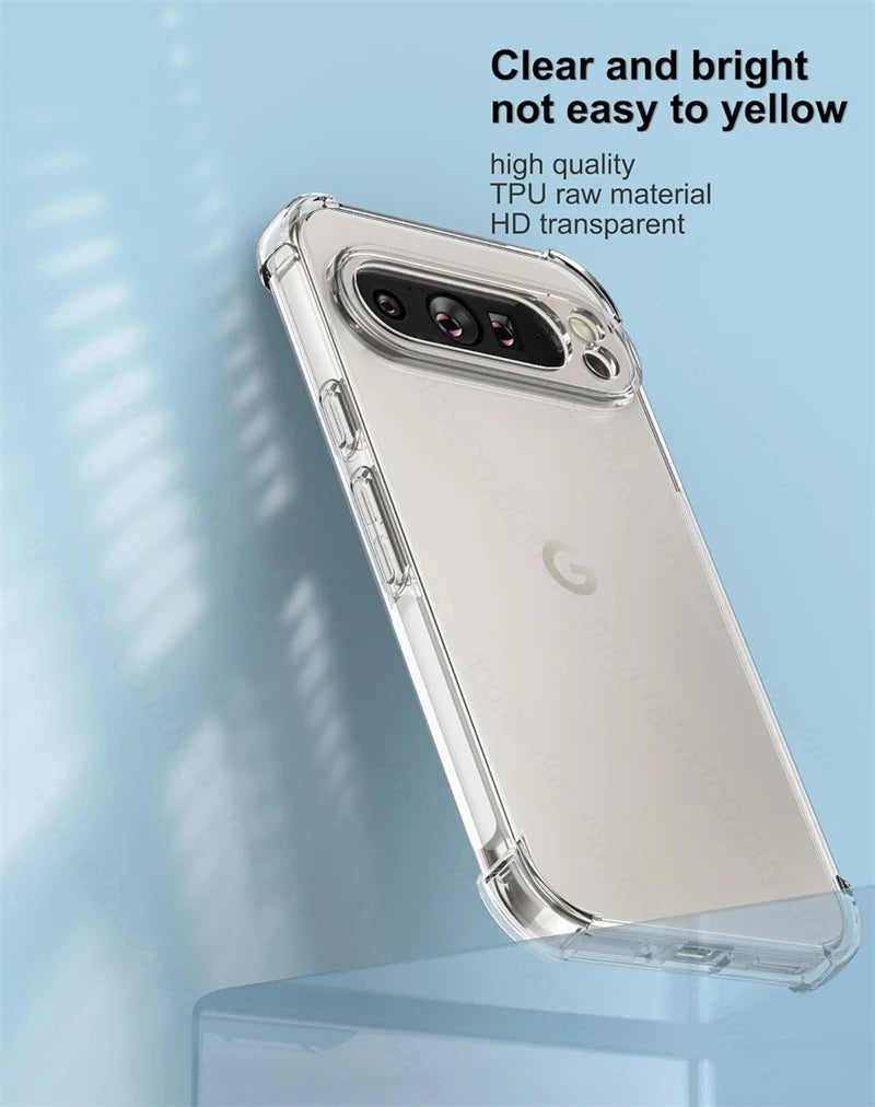 Clear phone case showcasing a camera, made of TPU material, ensuring durability and transparency. Text reads: "Clear and bright, not easy to yellow. High quality TPU raw material. HD transparent."