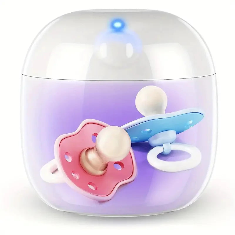 A clear container with an LED light holds two pacifiers, one pink and one blue, against a purple background, creating a modern and stylish look.