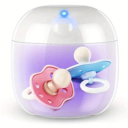 A clear container with an LED light holds two pacifiers, one pink and one blue, against a purple background, creating a modern and stylish look.