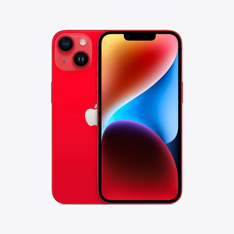 Red smartphone with dual rear cameras. Front display shows a colorful abstract wallpaper. Back features an Apple logo.