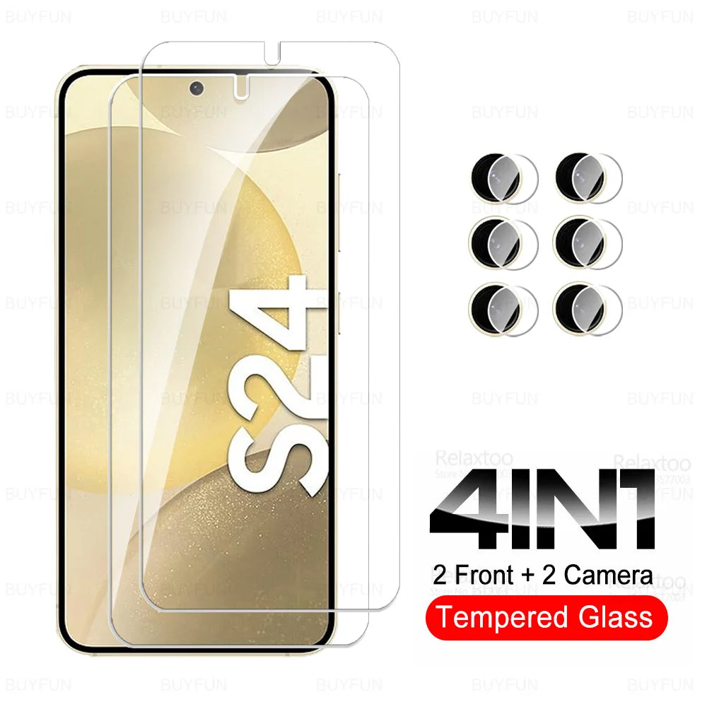 Smartphone with two screen protectors and six camera lens protectors labeled "4 in 1, 2 Front + 2 Camera, Tempered Glass" for S24 model.