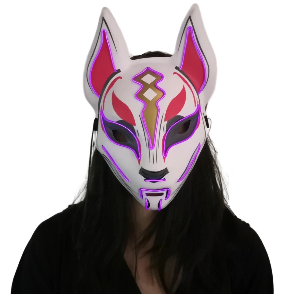 A person wearing a white fox mask with pink and gold details, featuring glowing purple outlines. The mask has large ears and stylized facial markings. The background is plain white.