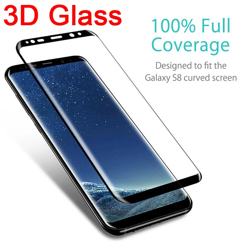 3D glass screen protector for Galaxy S8, offering 100% full coverage. The image shows the tempered glass aligned over a phone with text highlighting its full-screen fit.
