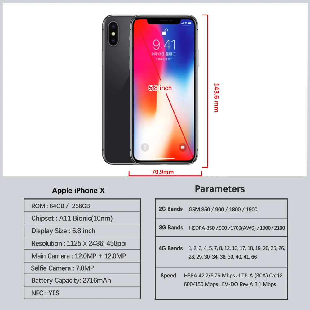 Image showing an Apple iPhone X with dimensions 143.6mm x 70.9mm and a display size of 5.8 inches. Detailed specs include ROM, chipset, camera, and network bands.