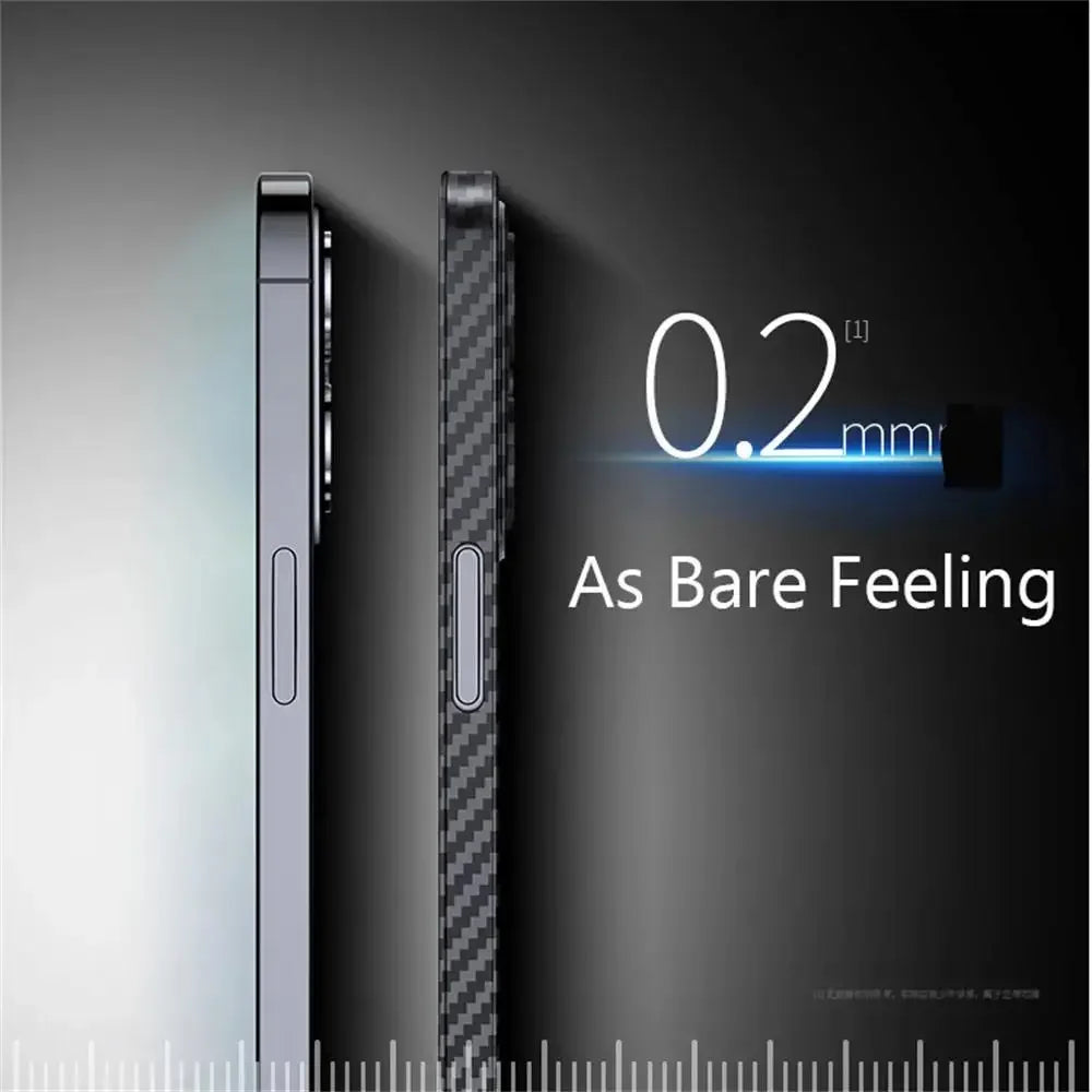 Two smartphone side views show a slim case, just 0.2mm thick, with a carbon fiber texture. Text reads "As Bare Feeling," highlighting the case's minimalistic design.