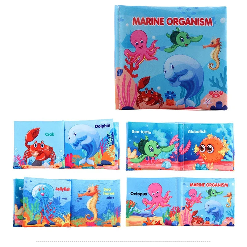 Colorful children's book featuring marine animals like octopus, dolphin, crab, sea turtle, globefish, jellyfish, and seahorse on ocean-themed pages. Title: "Marine Organism."
