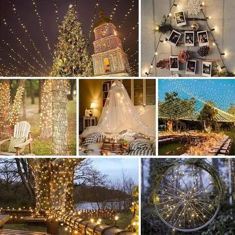 A collage of festive scenes: a tree with lights, canopy bedroom, outdoor dining with string lights, photo display, forest seating, tree decor, and a bicycle wheel adorned with lights.