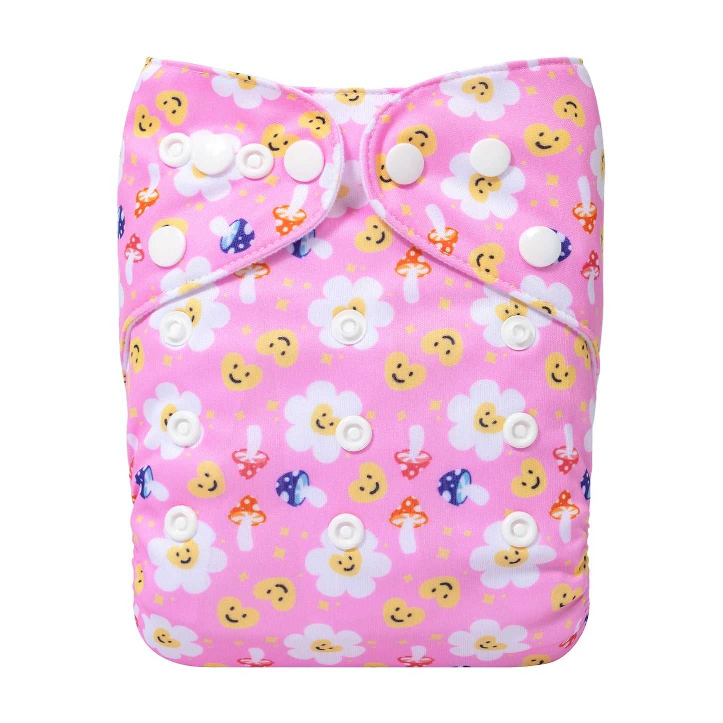 Pink cloth diaper with white snaps, featuring cheerful daisies, smiling faces, and colorful mushrooms.