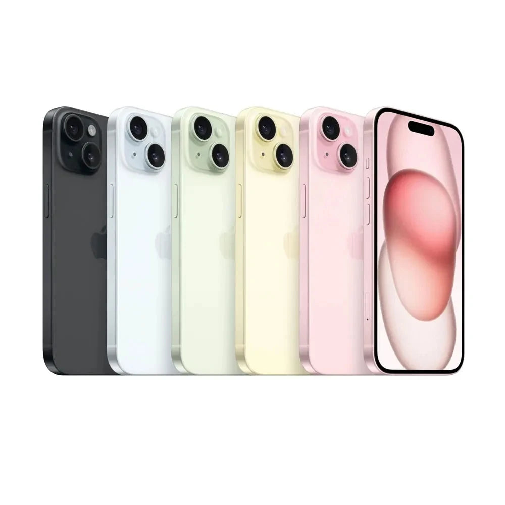 Five smartphones are shown standing in a row, each in different colors: black, white, green, yellow, and pink. One phone displays a glowing abstract design on its screen.
