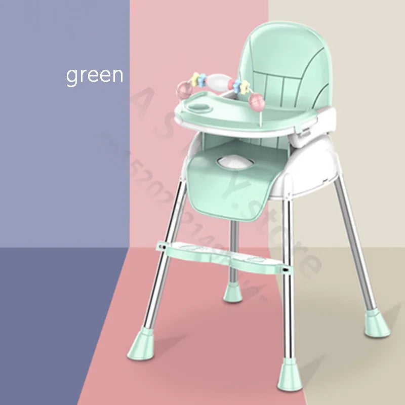 Mint-green high chair with metal legs, adjustable tray, and star-themed toy bar. Positioned against a backdrop with blue, pink, and beige sections.