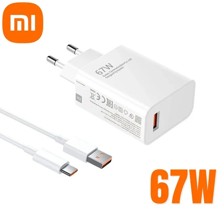 White 67W charger with USB-C and USB-A ports, accompanied by a compatible cable. Features a European plug. Prominent 67W text and brand logo in the corner.