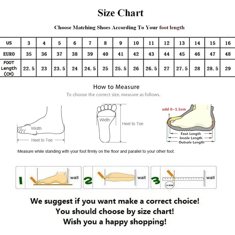 Shoe size chart for US, Euro, and foot length in cm. Includes diagrams for measuring foot width and length, with instructions to measure while standing. Additional tips provided.