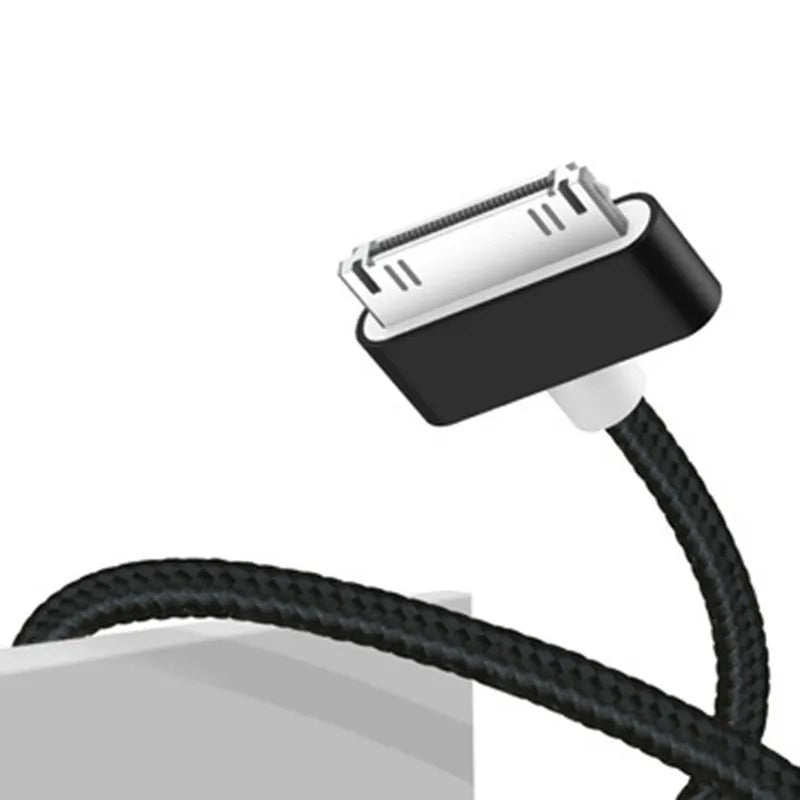 Close-up of a black braided 30-pin dock connector cable set against a plain white background, showcasing its durable design and classic wide plug shape.