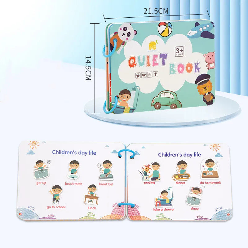 Children's quiet book with colorful illustrations, featuring daily activities like brushing teeth, breakfast, and bedtime. Dimensions: 21.5cm x 14.5cm. Suitable for ages 3+.