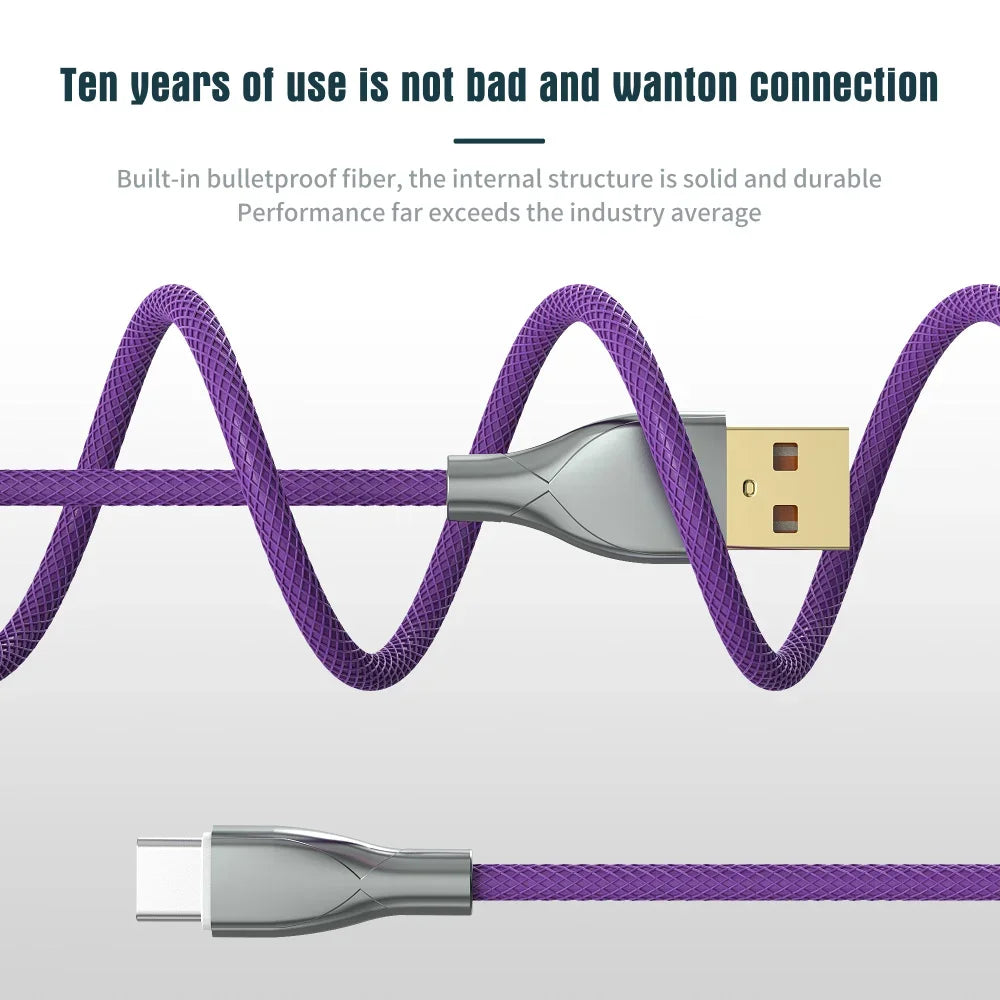 Purple braided USB cable with Type-A and Type-C ends, highlighting durability with bulletproof fiber. Text above reads, "Ten years of use is not bad and wanton connection."