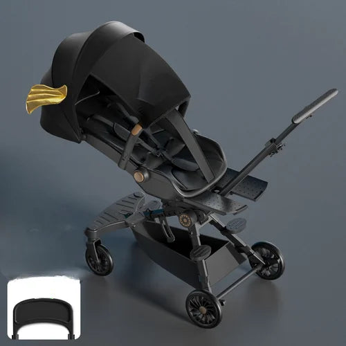 Sleek black stroller with adjustable seat, gold accents, and a large canopy. Features a storage basket underneath, a sturdy frame, and swivel wheels. Small inset shows a close-up of a design detail.