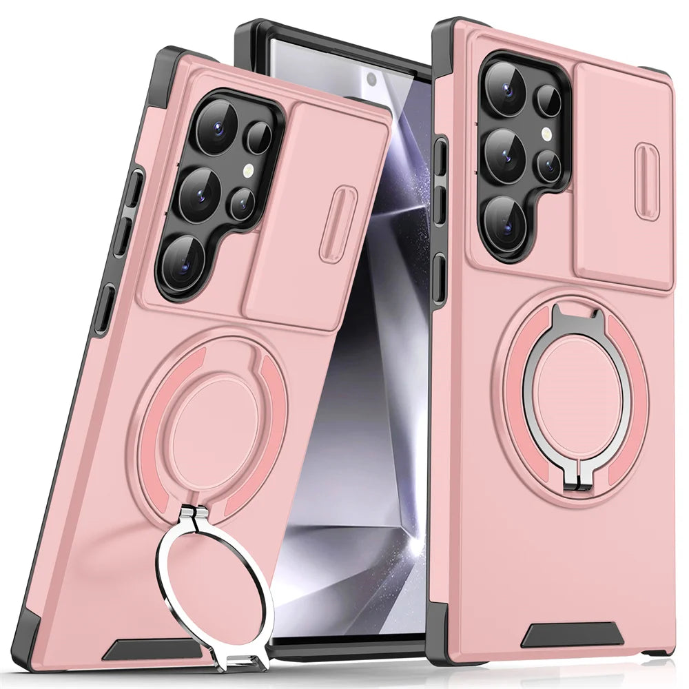 Pink phone cases with camera covers and ring holders displayed on two smartphones. The cases feature protective edges and multi-camera cutouts, showing functionality and design.